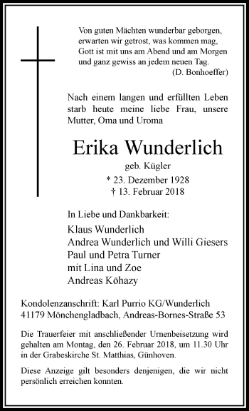 Traueranzeige von Erika Wunderlich von trauer.extra-tipp-moenchengladbach.de