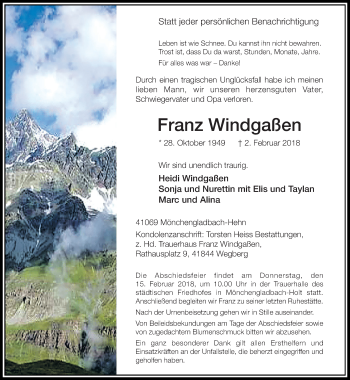 Traueranzeige von Franz Windgaßen von trauer.extra-tipp-moenchengladbach.de