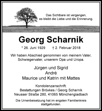 Traueranzeige von Georg Scharnik von trauer.extra-tipp-moenchengladbach.de