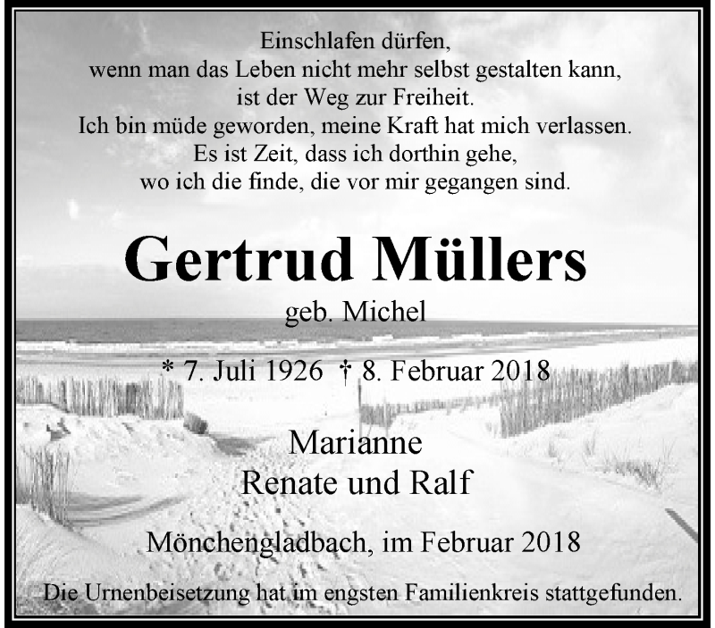  Traueranzeige für Gertrud Müllers vom 25.02.2018 aus trauer.extra-tipp-moenchengladbach.de
