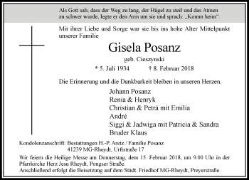 Traueranzeige von Gisela Posanz von trauer.extra-tipp-moenchengladbach.de
