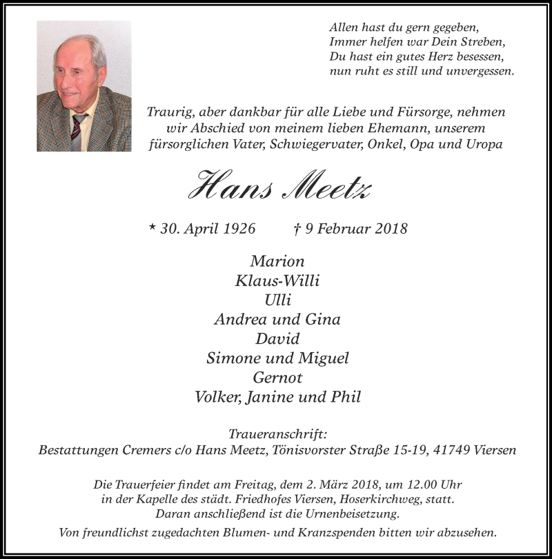  Traueranzeige für Hans Meetz vom 25.02.2018 aus trauer.extra-tipp-moenchengladbach.de