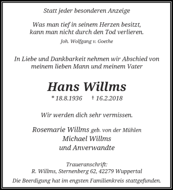 Traueranzeige von Hans Willms von trauer.wuppertaler-rundschau.de