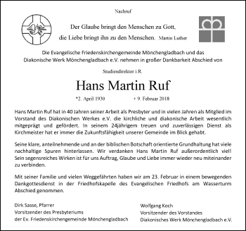 Traueranzeige von Hans Martin Ruf von trauer.extra-tipp-moenchengladbach.de