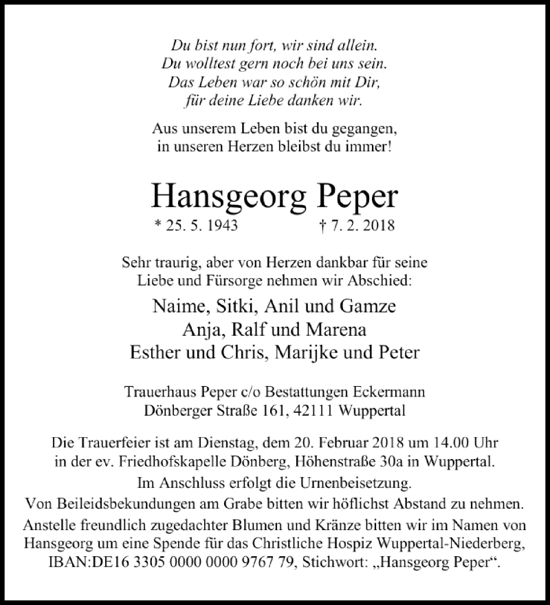  Traueranzeige für Hansgeorg Peper vom 14.02.2018 aus trauer.wuppertaler-rundschau.de