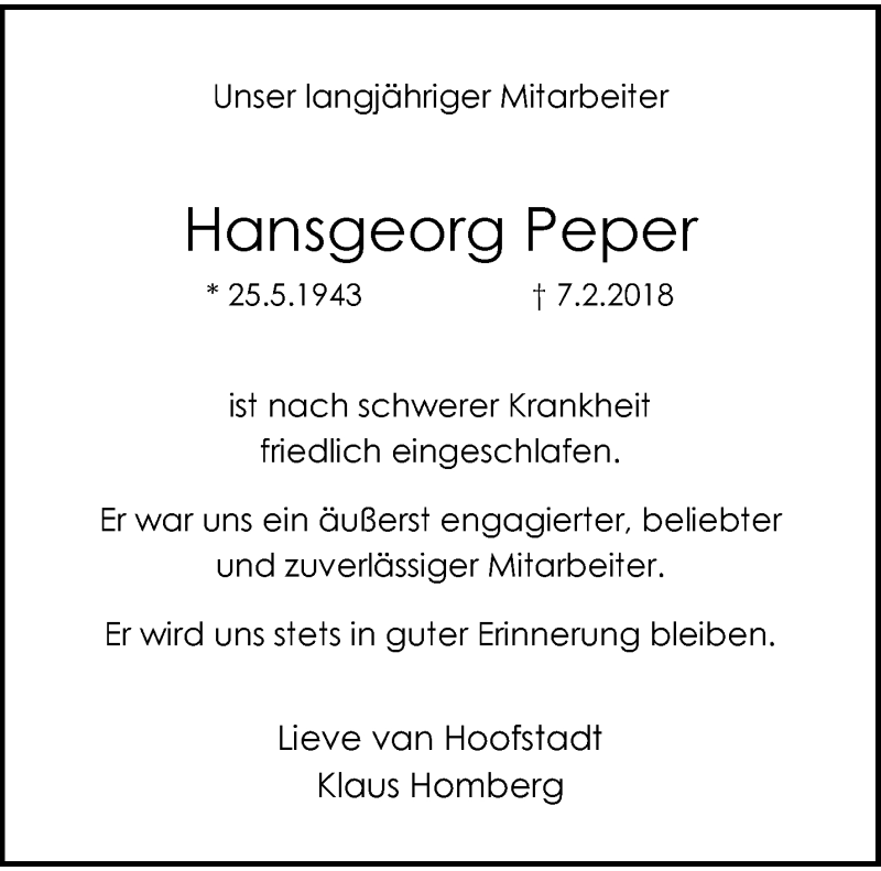  Traueranzeige für Hansgeorg Peper vom 14.02.2018 aus trauer.wuppertaler-rundschau.de