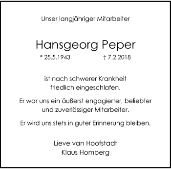 Traueranzeige von Hansgeorg Peper von trauer.wuppertaler-rundschau.de