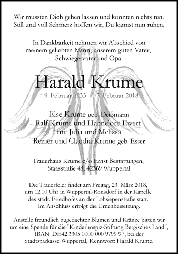 Traueranzeige von Harald Krume von trauer.wuppertaler-rundschau.de