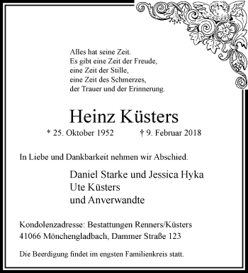 Traueranzeige von Heinz Küsters von trauer.extra-tipp-moenchengladbach.de