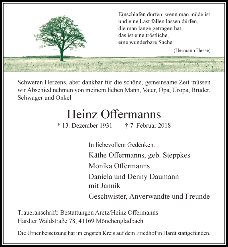  Traueranzeige für Heinz Offermanns vom 18.02.2018 aus trauer.extra-tipp-moenchengladbach.de