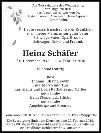Traueranzeige von Heinz Schäfer von trauer.wuppertaler-rundschau.de