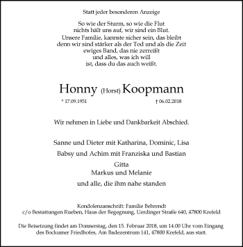 Traueranzeige von Honny Horst Koopmann von trauer.mein.krefeld.de