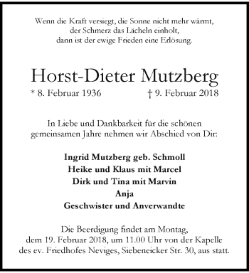 Traueranzeige von Horst-Dieter Mutzberg von trauer.wuppertaler-rundschau.de