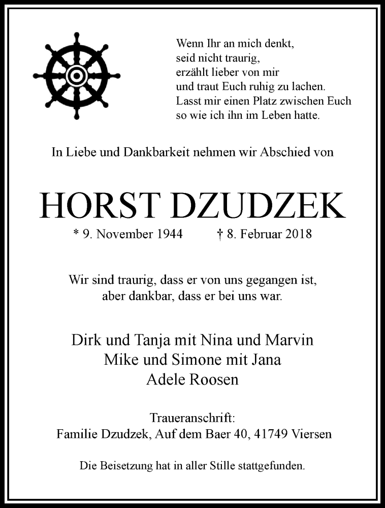  Traueranzeige für Horst Dzudzek vom 18.02.2018 aus trauer.extra-tipp-moenchengladbach.de
