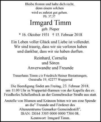 Traueranzeige von Irmgard Timm von trauer.wuppertaler-rundschau.de