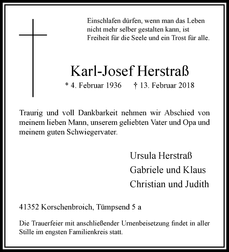  Traueranzeige für Karl-Josef Herstraß vom 18.02.2018 aus trauer.extra-tipp-moenchengladbach.de