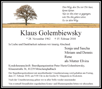 Traueranzeige von Klaus Golembiewsky von trauer.extra-tipp-moenchengladbach.de