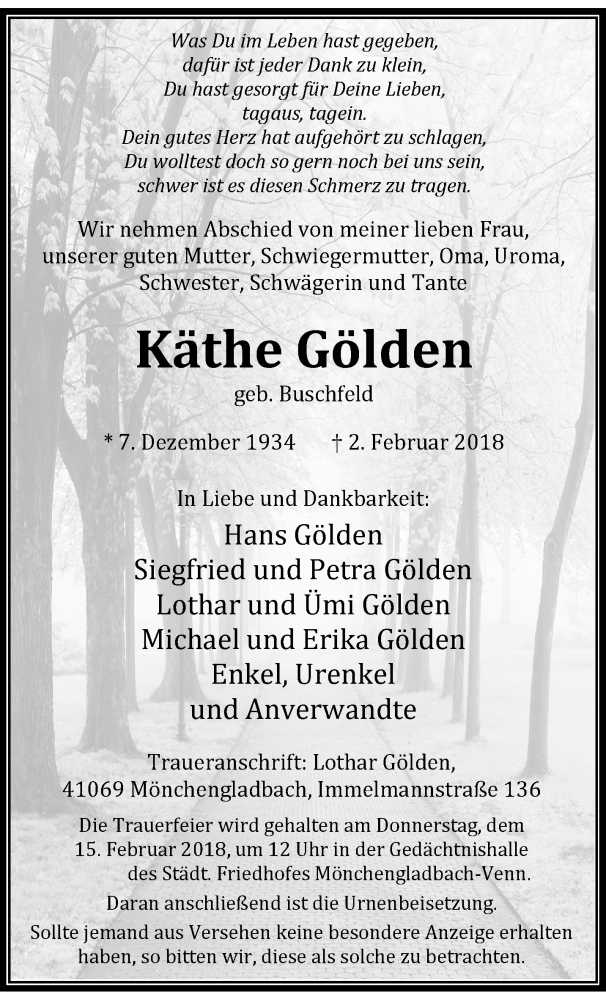  Traueranzeige für Käthe Gölden vom 11.02.2018 aus trauer.extra-tipp-moenchengladbach.de
