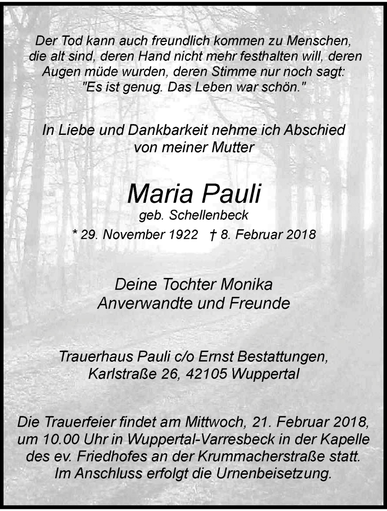 Traueranzeige für Maria Pauli vom 17.02.2018 aus trauer.wuppertaler-rundschau.de