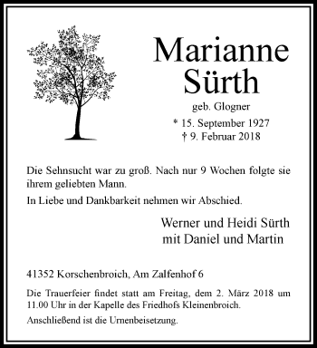 Traueranzeige von Marianne Sürth von trauer.extra-tipp-moenchengladbach.de