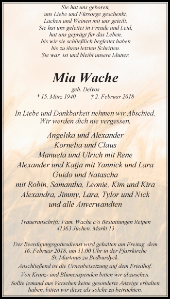 Traueranzeige von Mia Wache von trauer.stadt-kurier.de