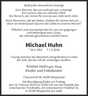 Traueranzeige von Michael Huhn von trauer.wuppertaler-rundschau.de