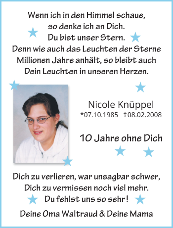 Traueranzeige von Nicole Knüppel von trauer.stadt-panorame.de