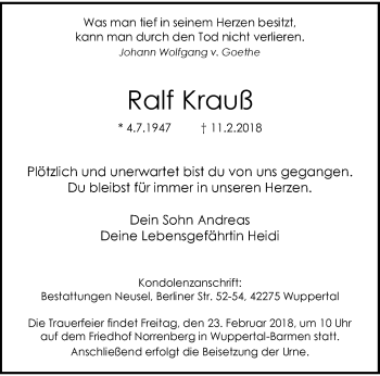 Traueranzeige von Ralf Krauß von trauer.wuppertaler-rundschau.de