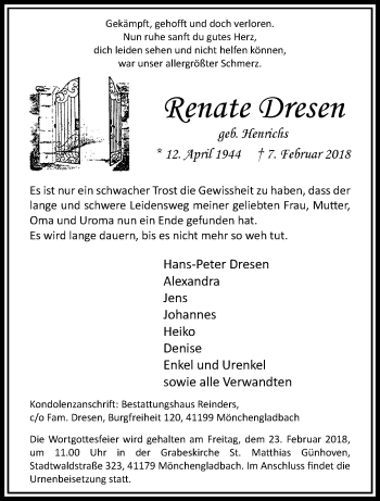 Traueranzeige von Renate Dresen von trauer.extra-tipp-moenchengladbach.de