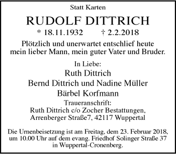 Traueranzeige von Rudolf Dittrich von trauer.wuppertaler-rundschau.de