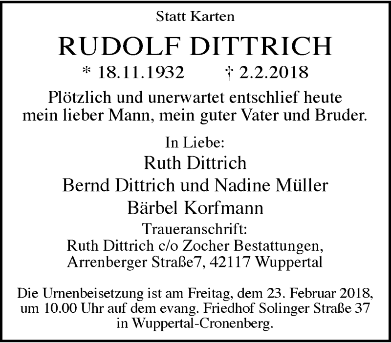  Traueranzeige für Rudolf Dittrich vom 17.02.2018 aus trauer.wuppertaler-rundschau.de