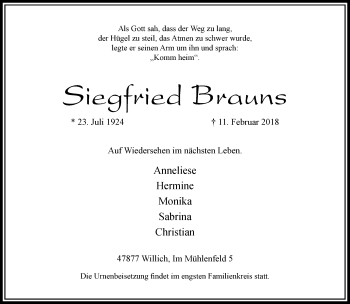 Traueranzeige von Siegfried Brauns von trauer.extra-tipp-moenchengladbach.de