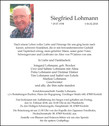 Traueranzeige von Siegfried Lohmann von trauer.mein.krefeld.de