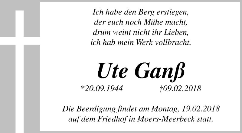 Traueranzeige für Ute Ganß vom 14.02.2018 aus trauer.stadt-panorame.de