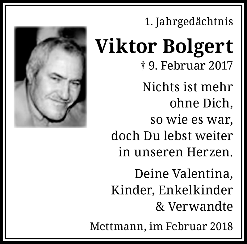  Traueranzeige für Viktor Bolgert vom 07.02.2018 aus trauer.duesseldorfer-anzeiger.de