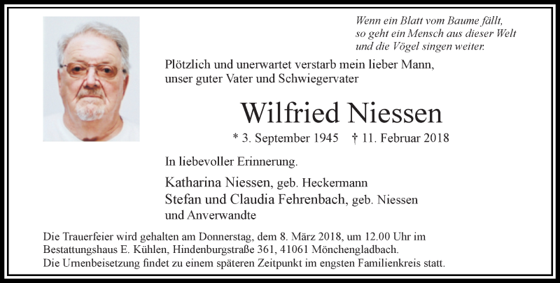  Traueranzeige für Wilfried Niessen vom 25.02.2018 aus trauer.extra-tipp-moenchengladbach.de
