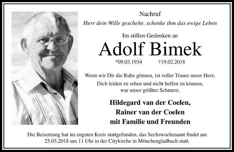  Traueranzeige für Adolf Bimek vom 18.03.2018 aus trauer.mein.krefeld.de