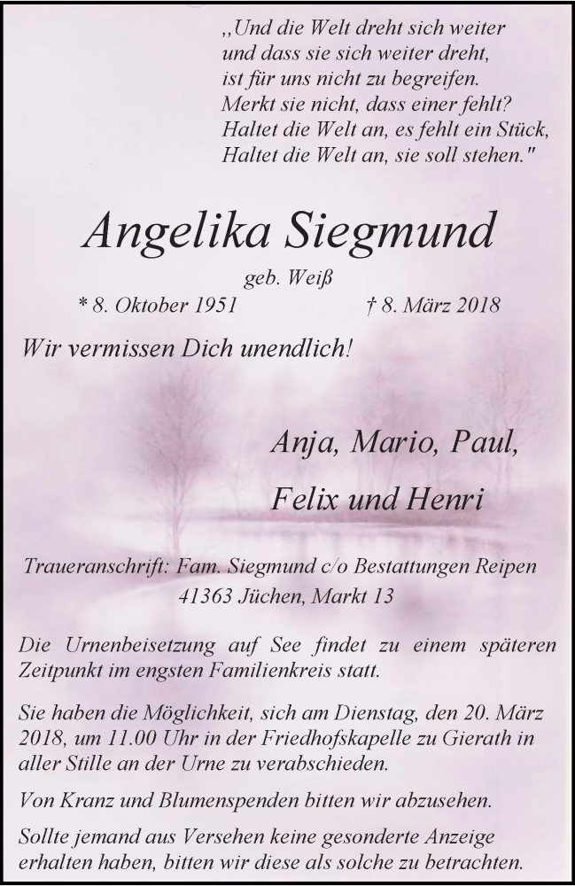  Traueranzeige für Angelika Siegmund vom 14.03.2018 aus trauer.stadt-kurier.de
