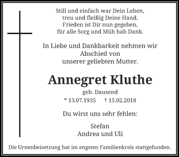 Traueranzeige von Annegret Kluthe von trauer.wuppertaler-rundschau.de