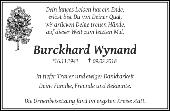 Traueranzeige von Burckhard Wynand von trauer.wuppertaler-rundschau.de