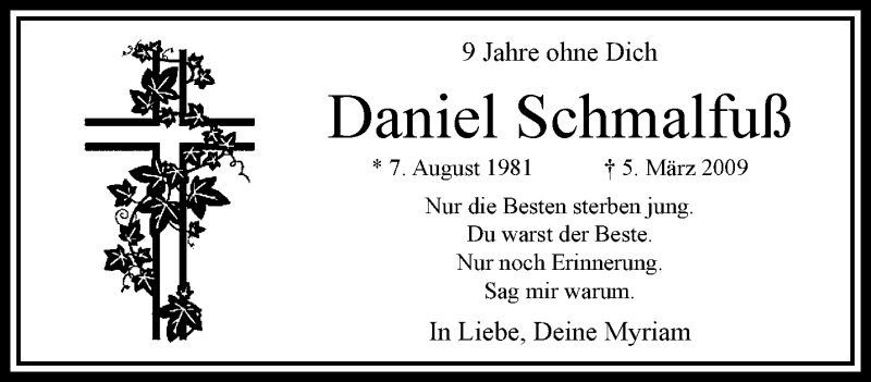  Traueranzeige für Daniel Schmalfuß vom 04.03.2018 aus trauer.extra-tipp-moenchengladbach.de