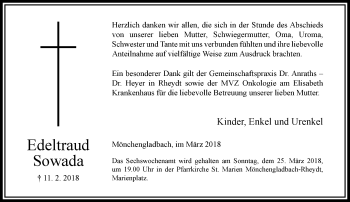 Traueranzeige von Edeltraud Sowada von trauer.extra-tipp-moenchengladbach.de
