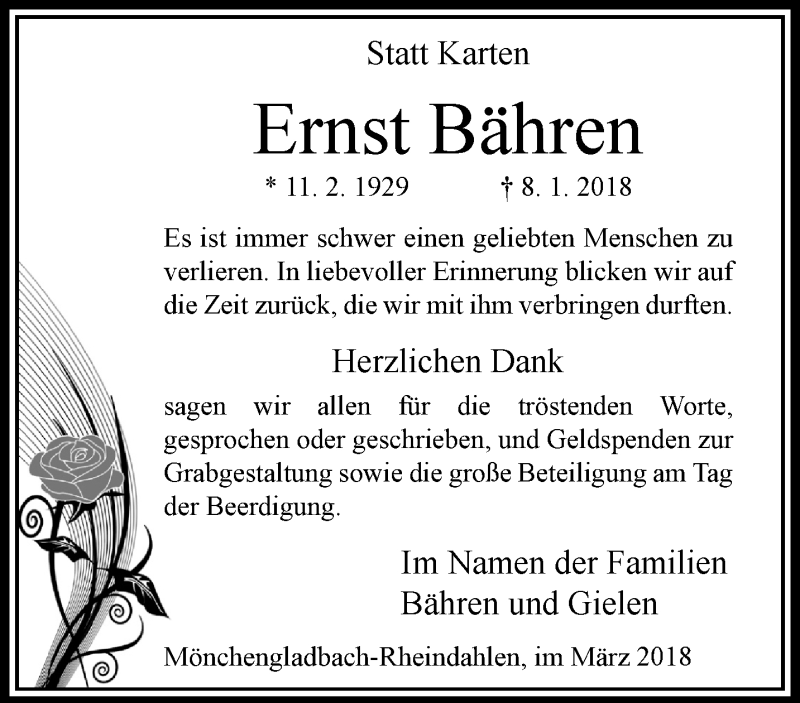  Traueranzeige für Ernst Bähren vom 11.03.2018 aus trauer.extra-tipp-moenchengladbach.de