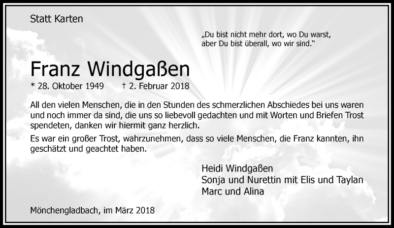  Traueranzeige für Franz Windgaßen vom 18.03.2018 aus trauer.extra-tipp-moenchengladbach.de
