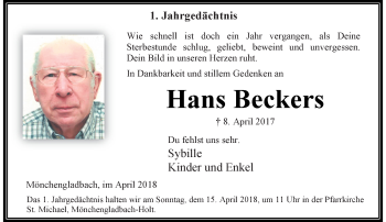 Traueranzeige von Hans Beckers von trauer.extra-tipp-moenchengladbach.de