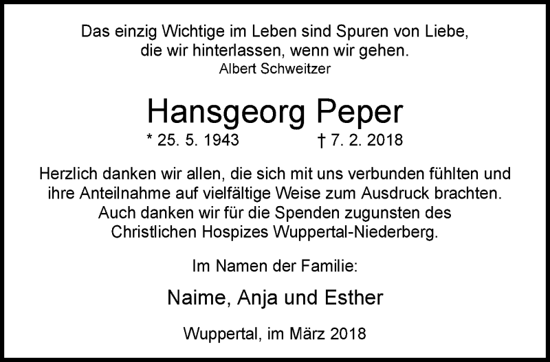  Traueranzeige für Hansgeorg Peper vom 14.03.2018 aus trauer.wuppertaler-rundschau.de