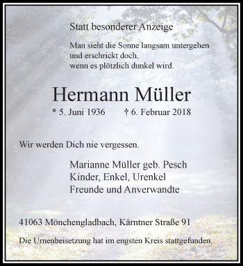 Traueranzeige von Hermann Müller von trauer.extra-tipp-moenchengladbach.de