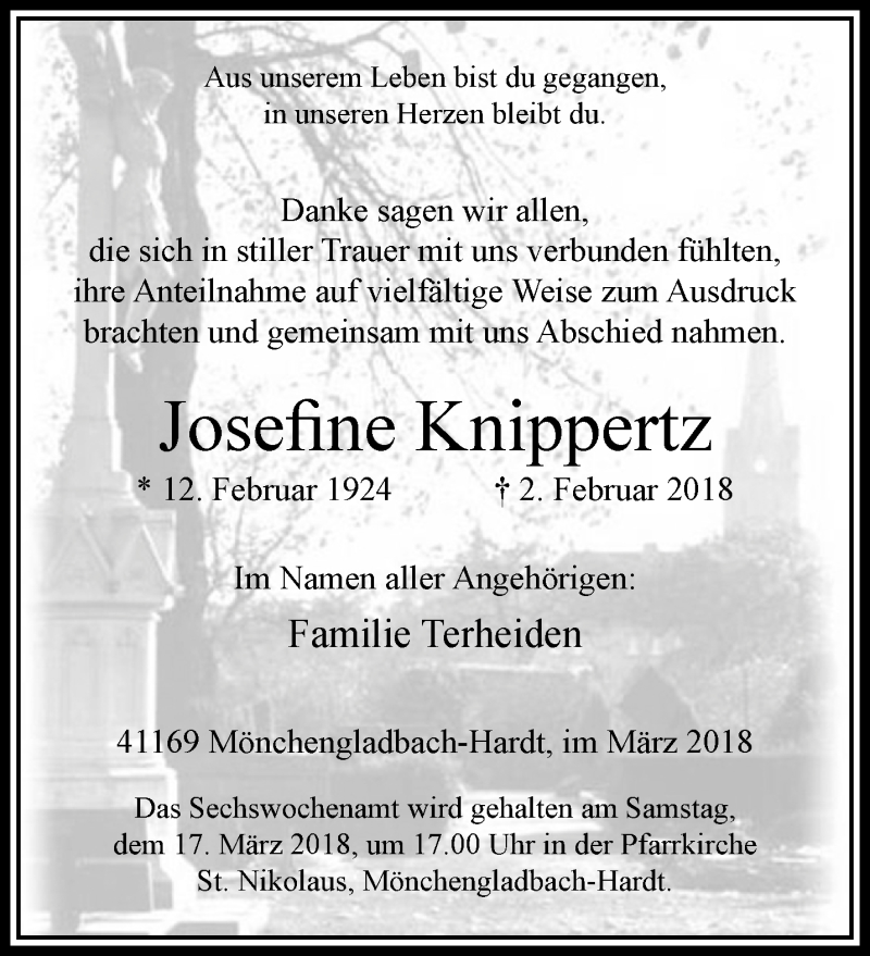  Traueranzeige für Josefine Knippertz vom 11.03.2018 aus trauer.extra-tipp-moenchengladbach.de