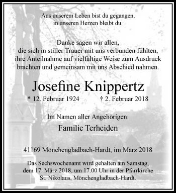 Traueranzeige von Josefine Knippertz von trauer.extra-tipp-moenchengladbach.de