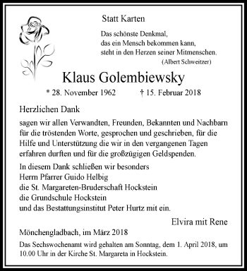 Traueranzeige von Klaus Golembiewsky von trauer.extra-tipp-moenchengladbach.de